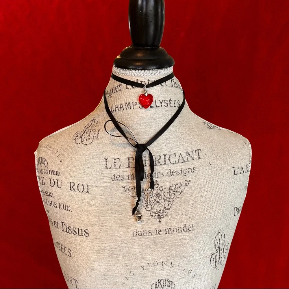 Glass Red Heart Pendant Necklace with Key and Lock Charm on Double Sided Satin